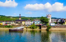 View of Rudesheim am Rhein from across the River Rhine, Germany