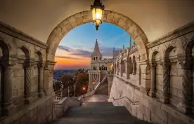 Entrance of Buda district at sunrise with colourful sky in Budapest, Hungary